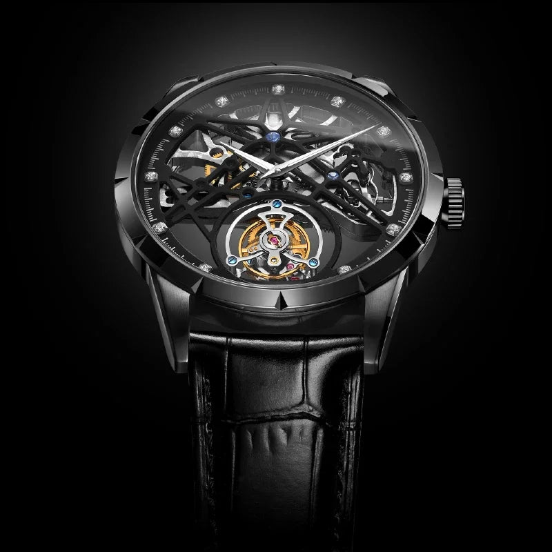 SEAKOSS Chinese Flying Tourbillon Men's Mechanical Wristwatches Thin Watch Male Hollow Skeleton for Luxury Sapphire Clock