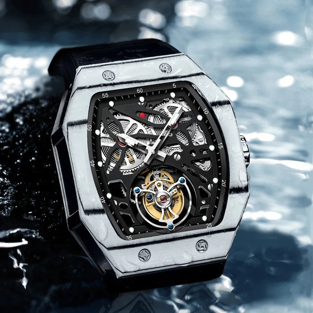 SEAKOSS Famous Style Square Flying Tourbillon Watch Carbon Fiber Bezel Mechanical Men Watch Top Quality Skeleton Male Clock Man
