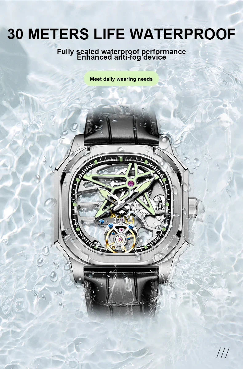 SEAKOSS Super Punk Skeleton Tourbillon Watches Men Octagon Square Manual Winding Sapphire 1963 Mechanical Watches 7052G Luminous