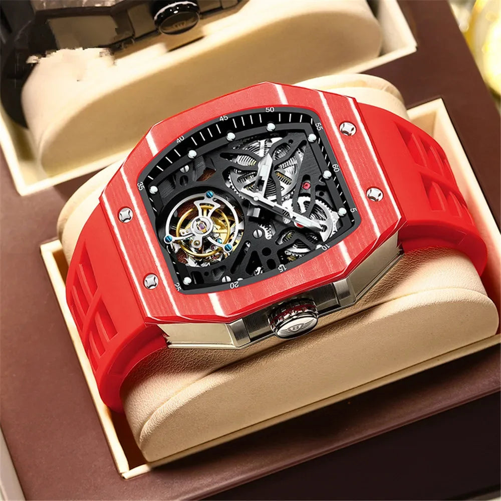 SEAKOSS Famous Style Square Flying Tourbillon Watch Carbon Fiber Bezel Mechanical Men Watch Top Quality Skeleton Male Clock Man
