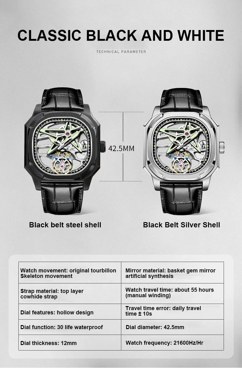 SEAKOSS Super Punk Skeleton Tourbillon Watches Men Octagon Square Manual Winding Sapphire 1963 Mechanical Watches 7052G Luminous
