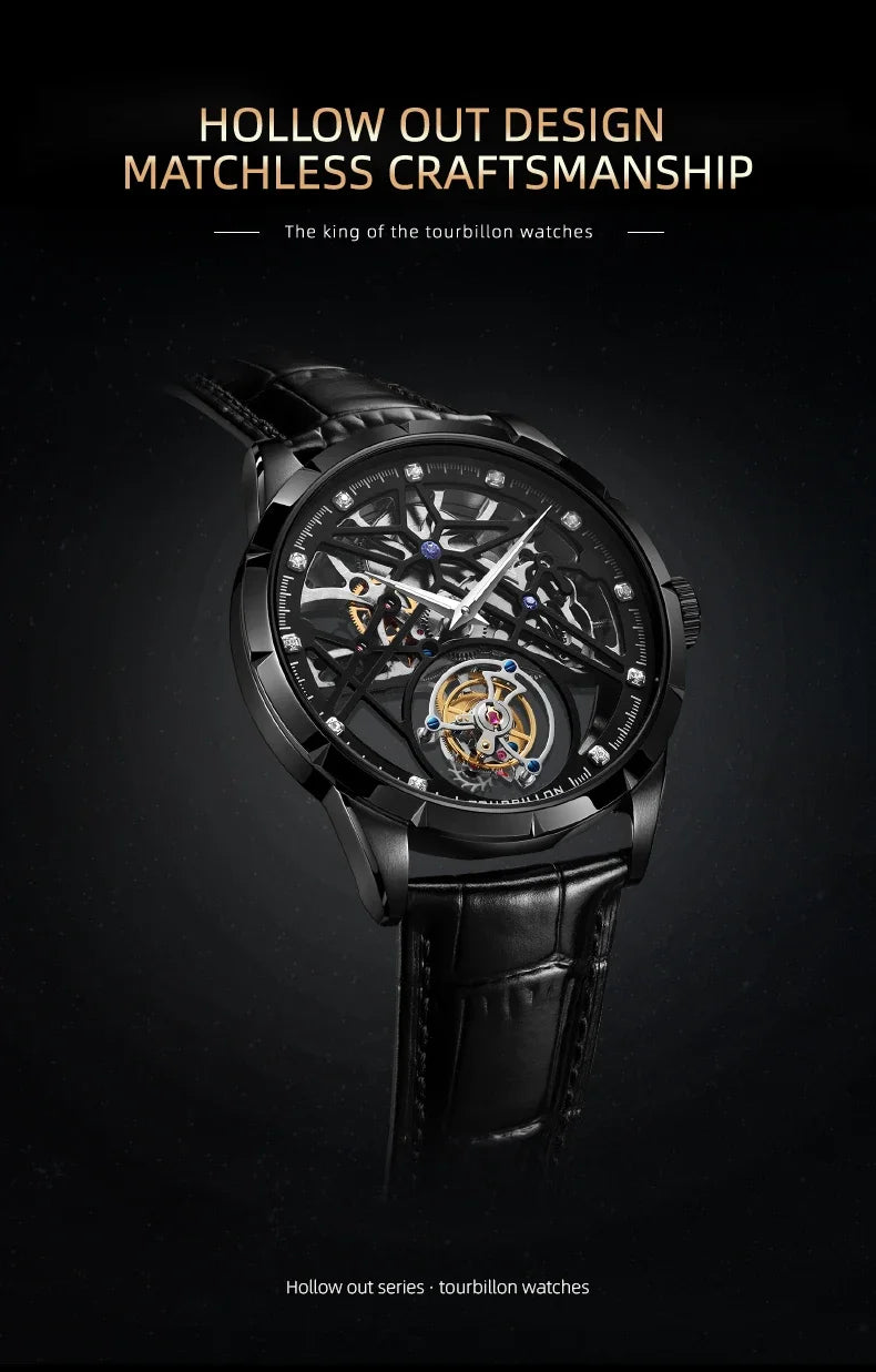 SEAKOSS Chinese Flying Tourbillon Men's Mechanical Wristwatches Thin Watch Male Hollow Skeleton for Luxury Sapphire Clock