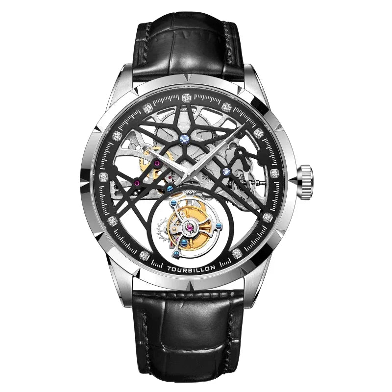SEAKOSS Chinese Flying Tourbillon Men's Mechanical Wristwatches Thin Watch Male Hollow Skeleton for Luxury Sapphire Clock
