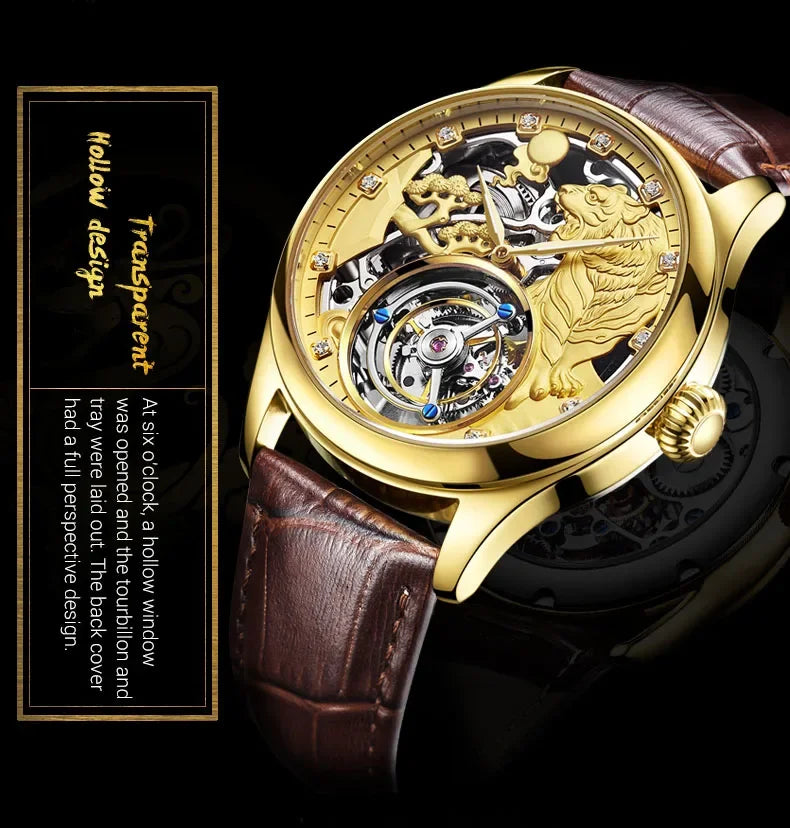 SEAKOSS Zodiac Tiger Super Skeleton Real Tourbillon Watch Men Luxury Sapphire Glass Men's Hand Wind Mechanical Watches Leather