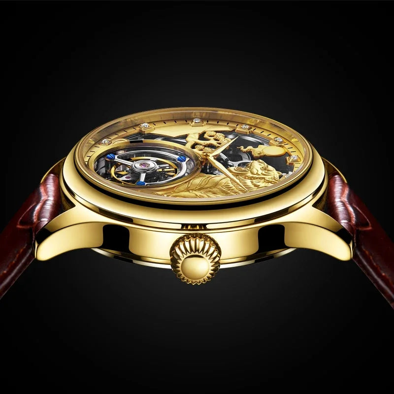 SEAKOSS Zodiac Tiger Super Skeleton Real Tourbillon Watch Men Luxury Sapphire Glass Men's Hand Wind Mechanical Watches Leather