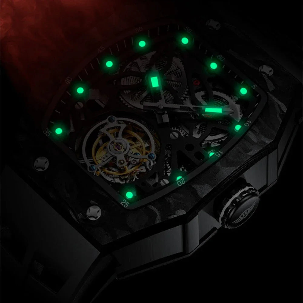 SEAKOSS Famous Style Square Flying Tourbillon Watch Carbon Fiber Bezel Mechanical Men Watch Top Quality Skeleton Male Clock Man