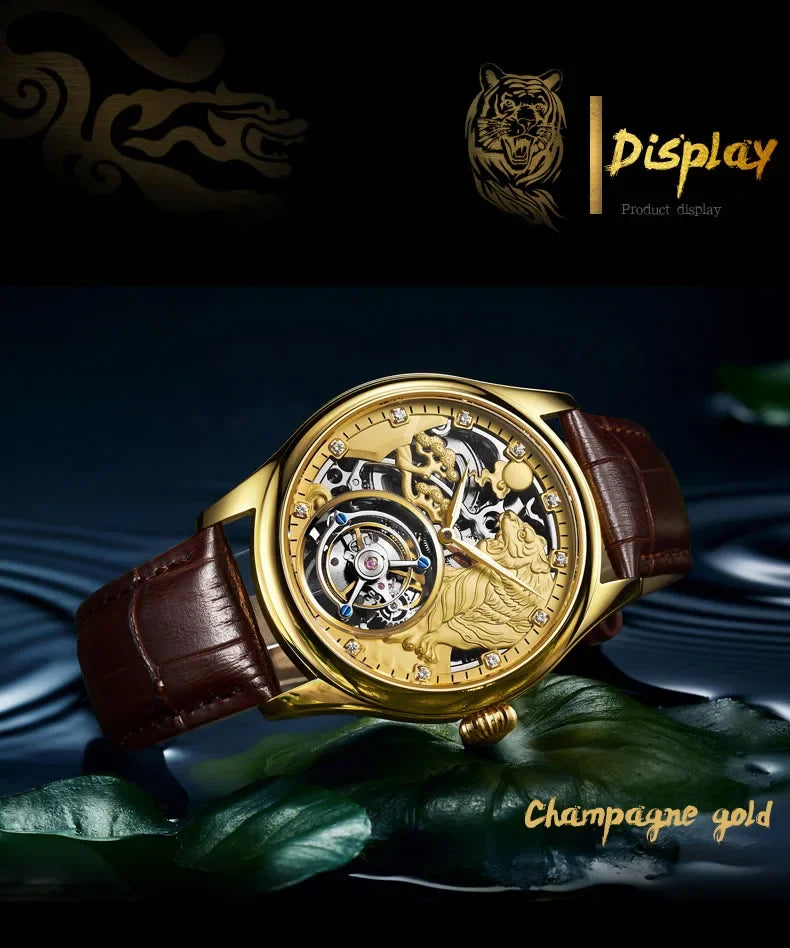 SEAKOSS Zodiac Tiger Super Skeleton Real Tourbillon Watch Men Luxury Sapphire Glass Men's Hand Wind Mechanical Watches Leather