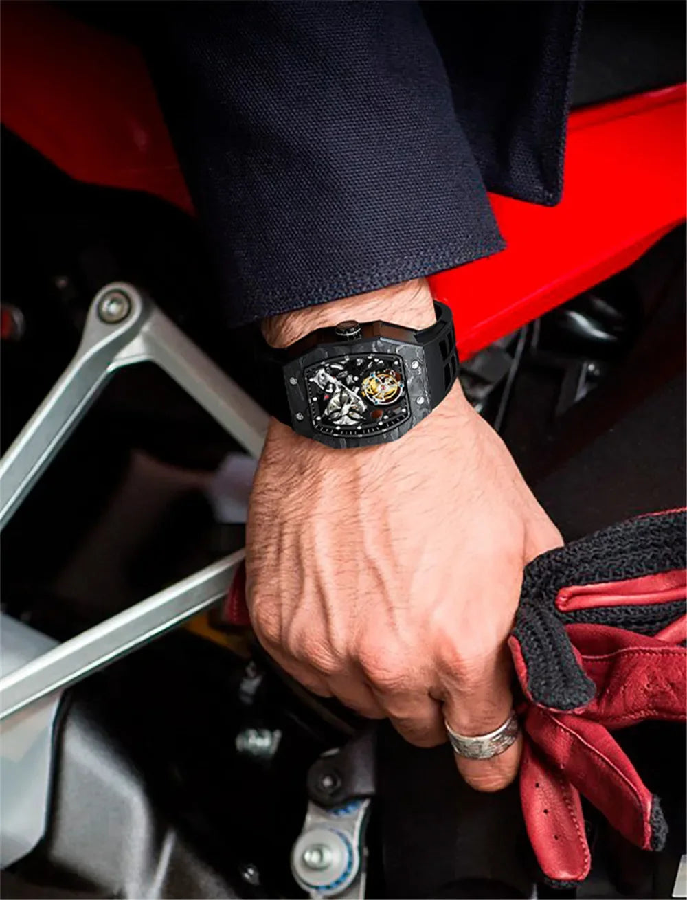 SEAKOSS Famous Style Square Flying Tourbillon Watch Carbon Fiber Bezel Mechanical Men Watch Top Quality Skeleton Male Clock Man