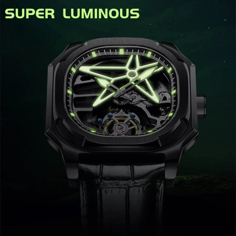 SEAKOSS Super Punk Skeleton Tourbillon Watches Men Octagon Square Manual Winding Sapphire 1963 Mechanical Watches 7052G Luminous