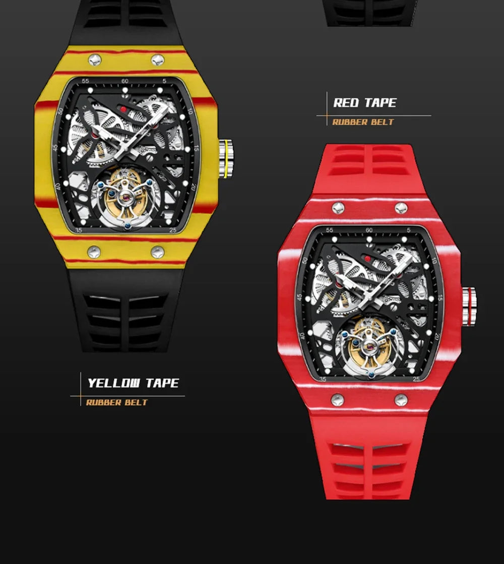 SEAKOSS Famous Style Square Flying Tourbillon Watch Carbon Fiber Bezel Mechanical Men Watch Top Quality Skeleton Male Clock Man