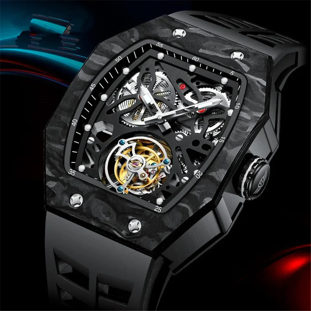 SEAKOSS Famous Style Square Flying Tourbillon Watch Carbon Fiber Bezel Mechanical Men Watch Top Quality Skeleton Male Clock Man