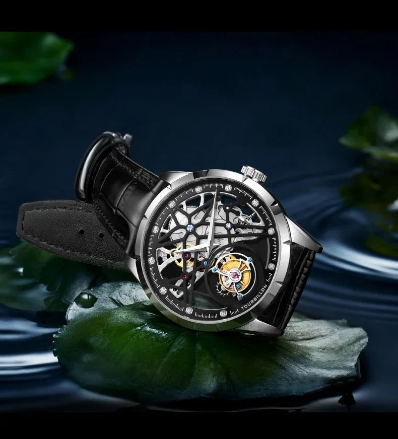 SEAKOSS Chinese Flying Tourbillon Men's Mechanical Wristwatches Thin Watch Male Hollow Skeleton for Luxury Sapphire Clock