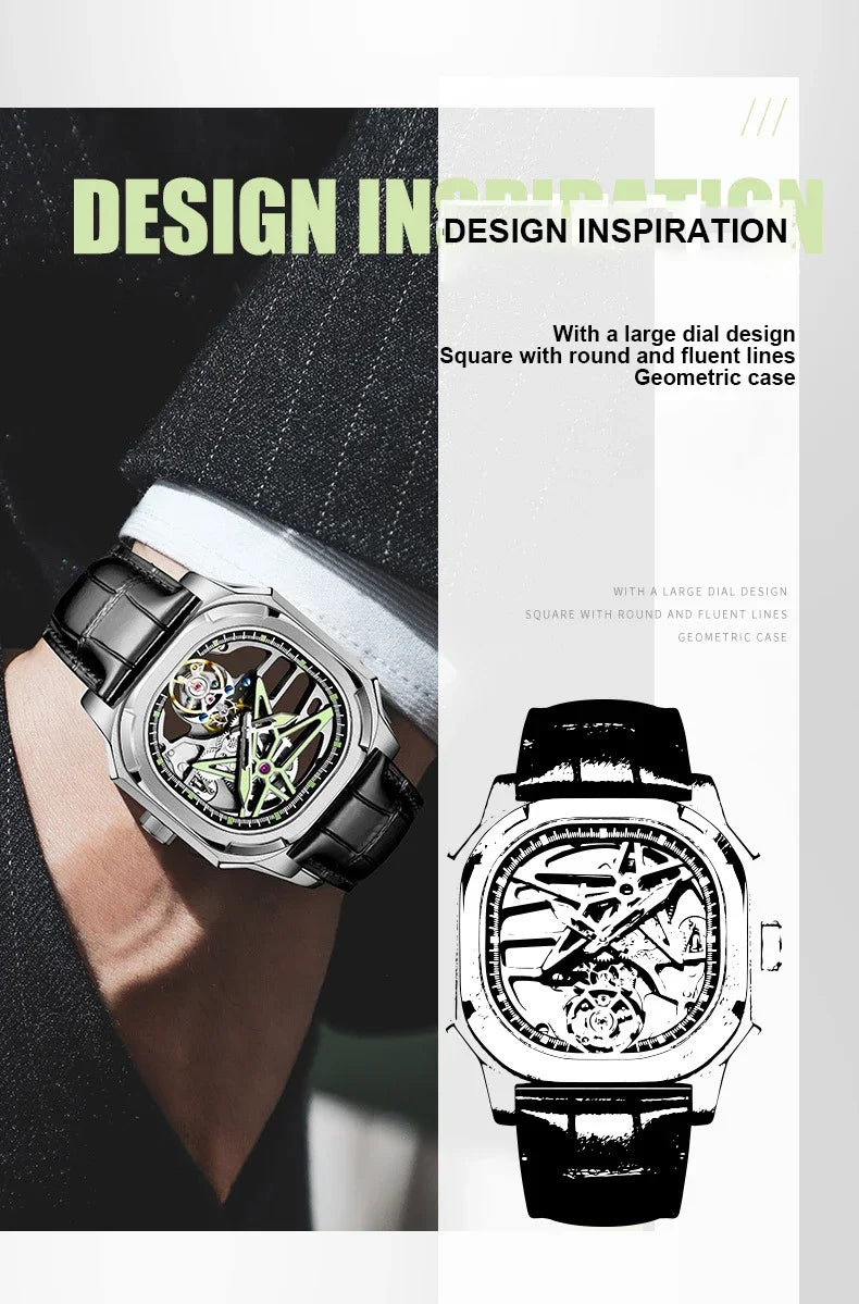 SEAKOSS Super Punk Skeleton Tourbillon Watches Men Octagon Square Manual Winding Sapphire 1963 Mechanical Watches 7052G Luminous