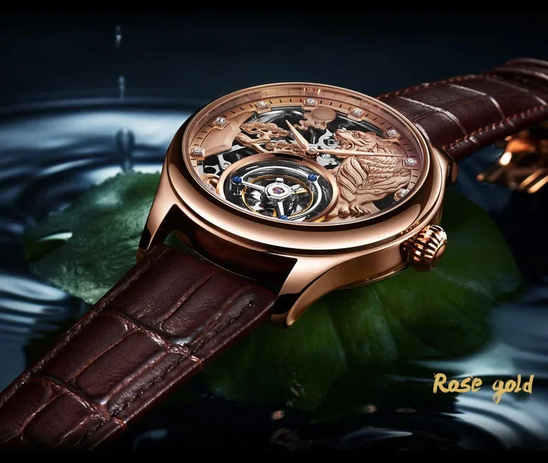 SEAKOSS Zodiac Tiger Super Skeleton Real Tourbillon Watch Men Luxury Sapphire Glass Men's Hand Wind Mechanical Watches Leather