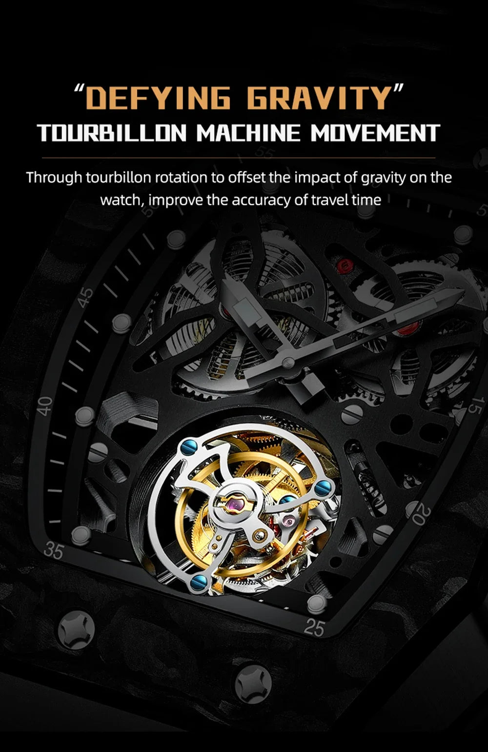 SEAKOSS Famous Style Square Flying Tourbillon Watch Carbon Fiber Bezel Mechanical Men Watch Top Quality Skeleton Male Clock Man