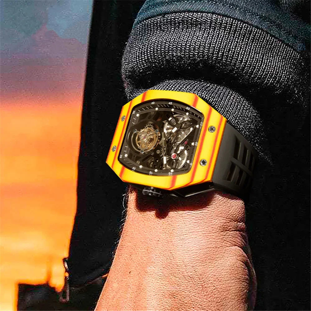 SEAKOSS Famous Style Square Flying Tourbillon Watch Carbon Fiber Bezel Mechanical Men Watch Top Quality Skeleton Male Clock Man