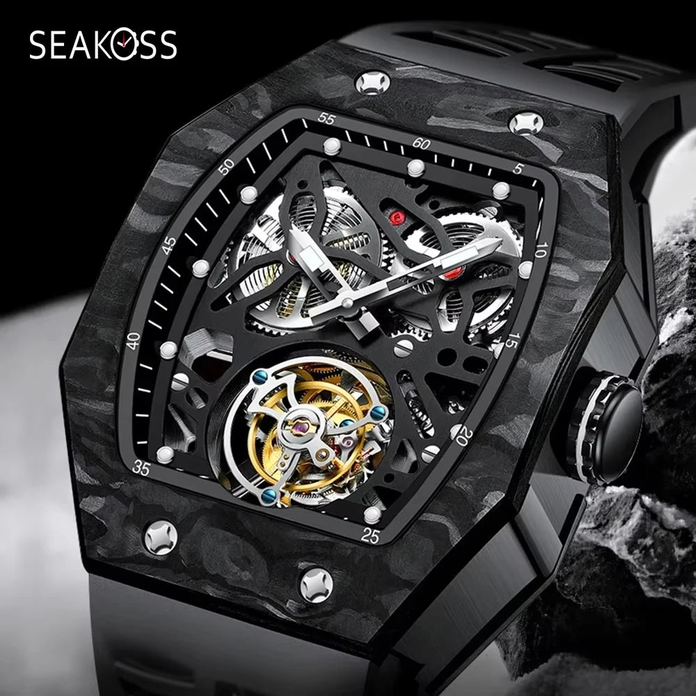 SEAKOSS Famous Style Square Flying Tourbillon Watch Carbon Fiber Bezel Mechanical Men Watch Top Quality Skeleton Male Clock Man