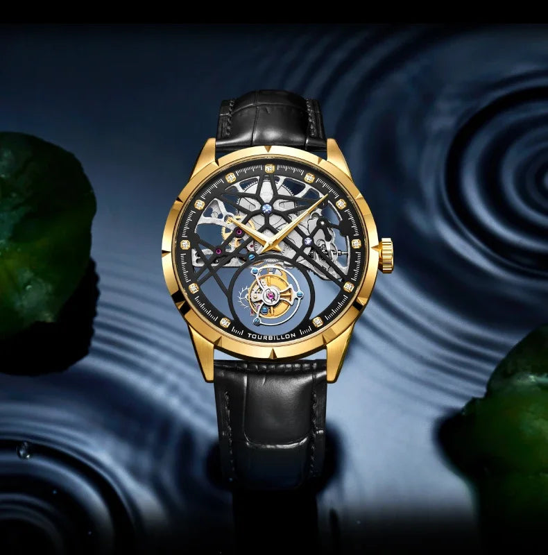 SEAKOSS Chinese Flying Tourbillon Men's Mechanical Wristwatches Thin Watch Male Hollow Skeleton for Luxury Sapphire Clock