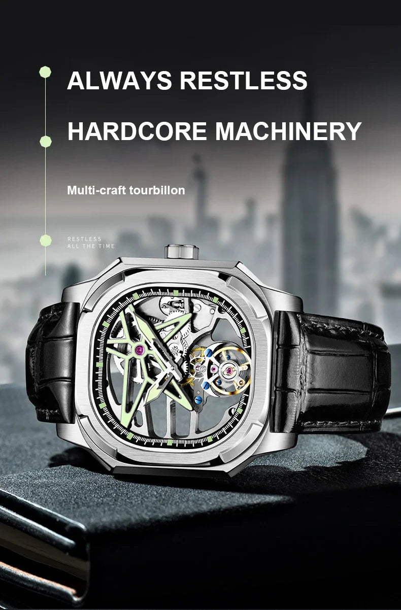 SEAKOSS Super Punk Skeleton Tourbillon Watches Men Octagon Square Manual Winding Sapphire 1963 Mechanical Watches 7052G Luminous