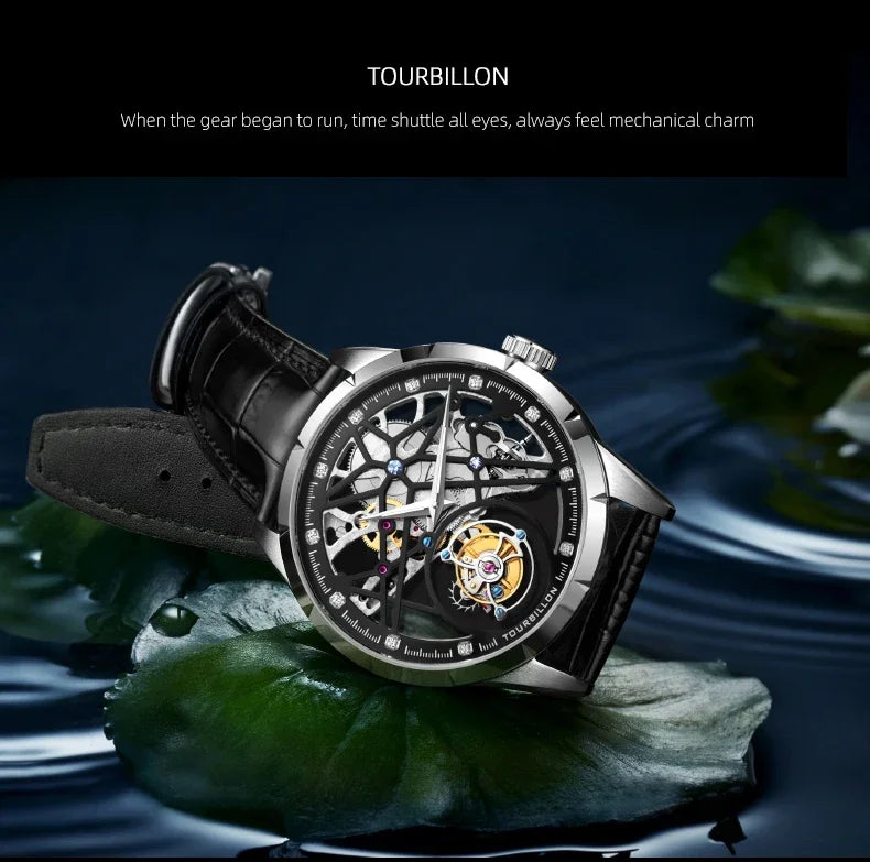 SEAKOSS Chinese Flying Tourbillon Men's Mechanical Wristwatches Thin Watch Male Hollow Skeleton for Luxury Sapphire Clock