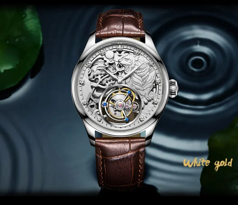 SEAKOSS Zodiac Tiger Super Skeleton Real Tourbillon Watch Men Luxury Sapphire Glass Men's Hand Wind Mechanical Watches Leather