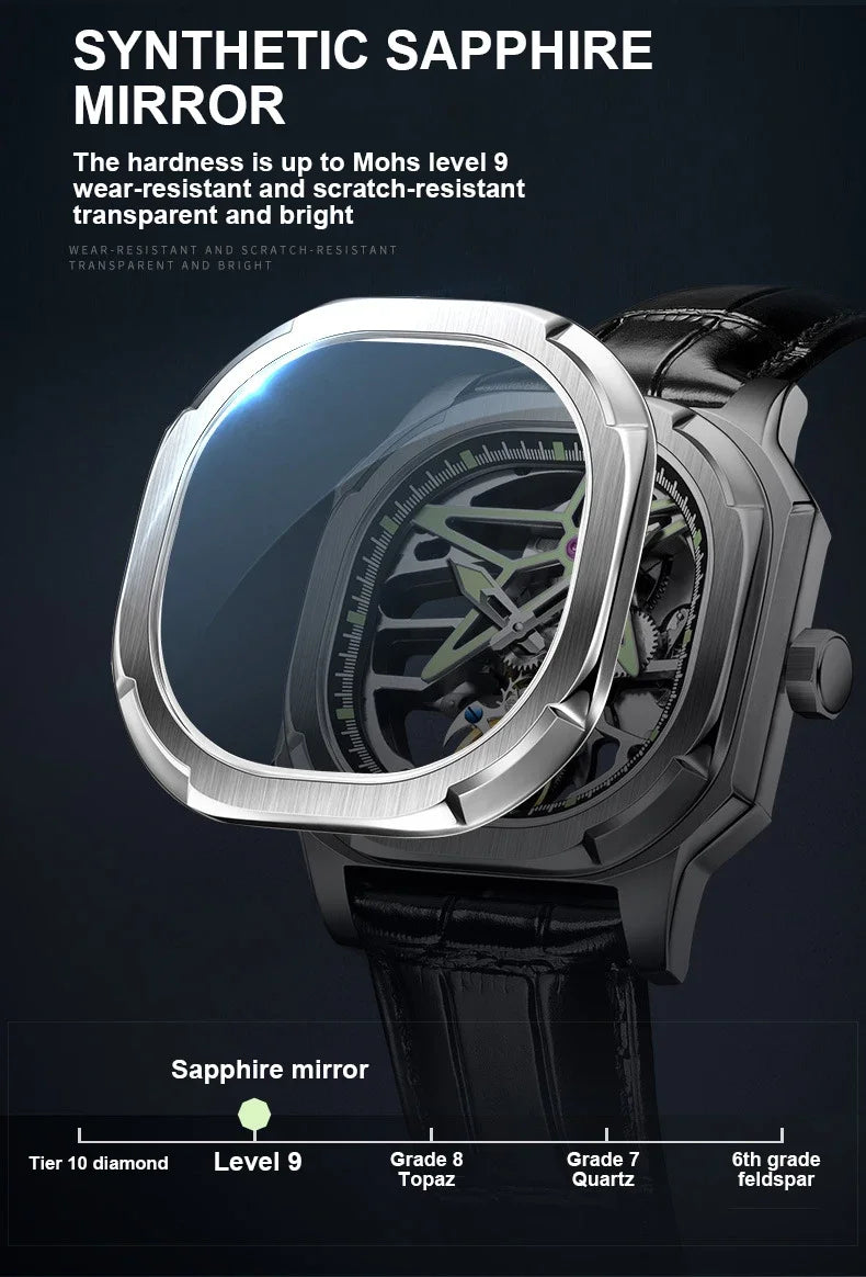SEAKOSS Super Punk Skeleton Tourbillon Watches Men Octagon Square Manual Winding Sapphire 1963 Mechanical Watches 7052G Luminous