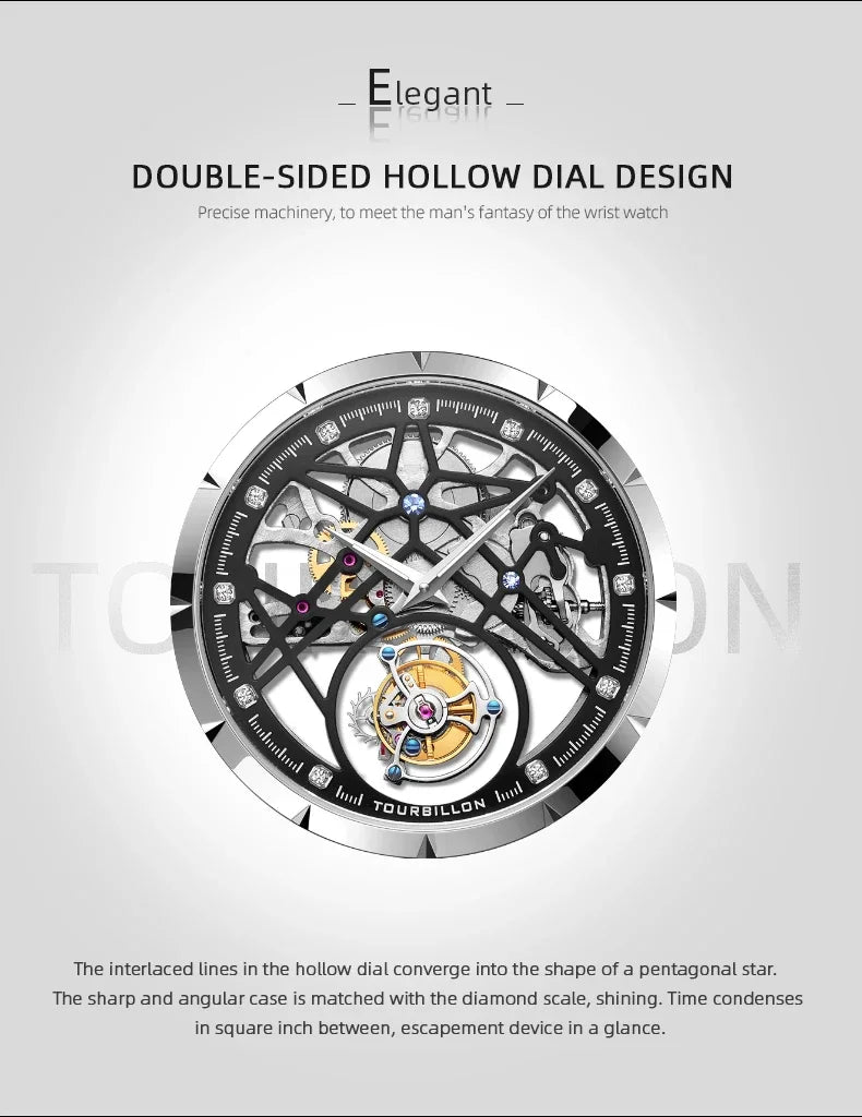 SEAKOSS Chinese Flying Tourbillon Men's Mechanical Wristwatches Thin Watch Male Hollow Skeleton for Luxury Sapphire Clock
