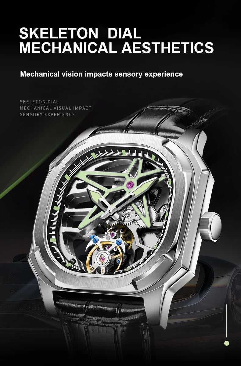 SEAKOSS Super Punk Skeleton Tourbillon Watches Men Octagon Square Manual Winding Sapphire 1963 Mechanical Watches 7052G Luminous