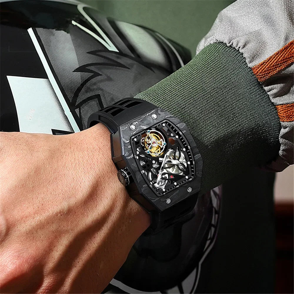 SEAKOSS Famous Style Square Flying Tourbillon Watch Carbon Fiber Bezel Mechanical Men Watch Top Quality Skeleton Male Clock Man