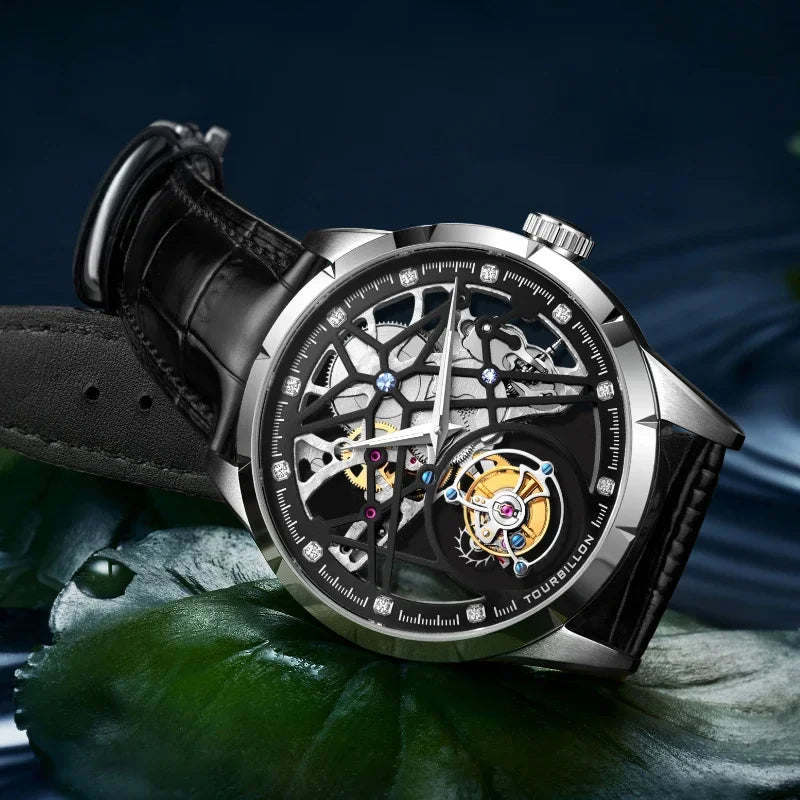 SEAKOSS Chinese Flying Tourbillon Men's Mechanical Wristwatches Thin Watch Male Hollow Skeleton for Luxury Sapphire Clock