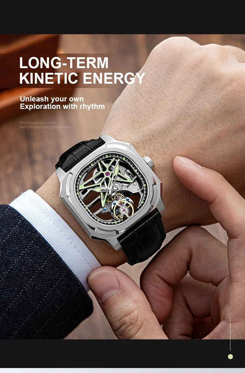 SEAKOSS Super Punk Skeleton Tourbillon Watches Men Octagon Square Manual Winding Sapphire 1963 Mechanical Watches 7052G Luminous