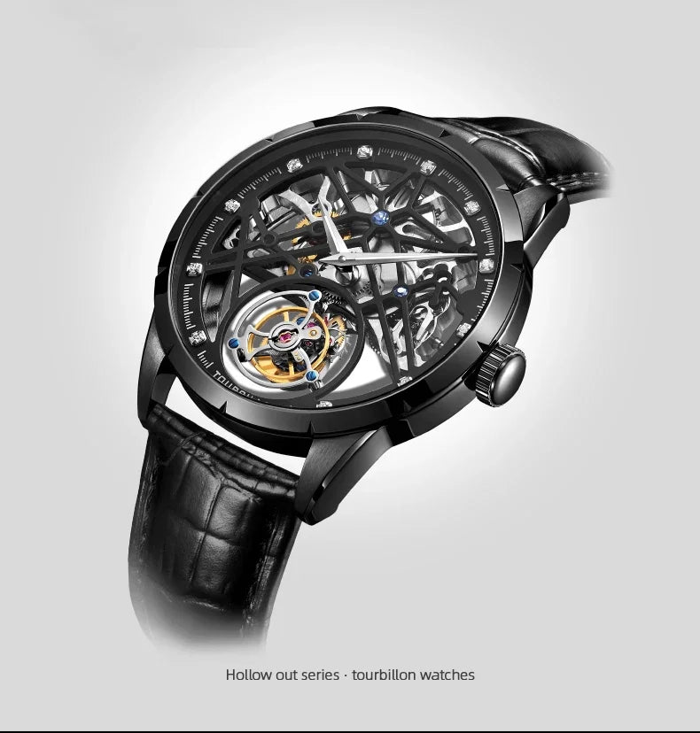 SEAKOSS Chinese Flying Tourbillon Men's Mechanical Wristwatches Thin Watch Male Hollow Skeleton for Luxury Sapphire Clock
