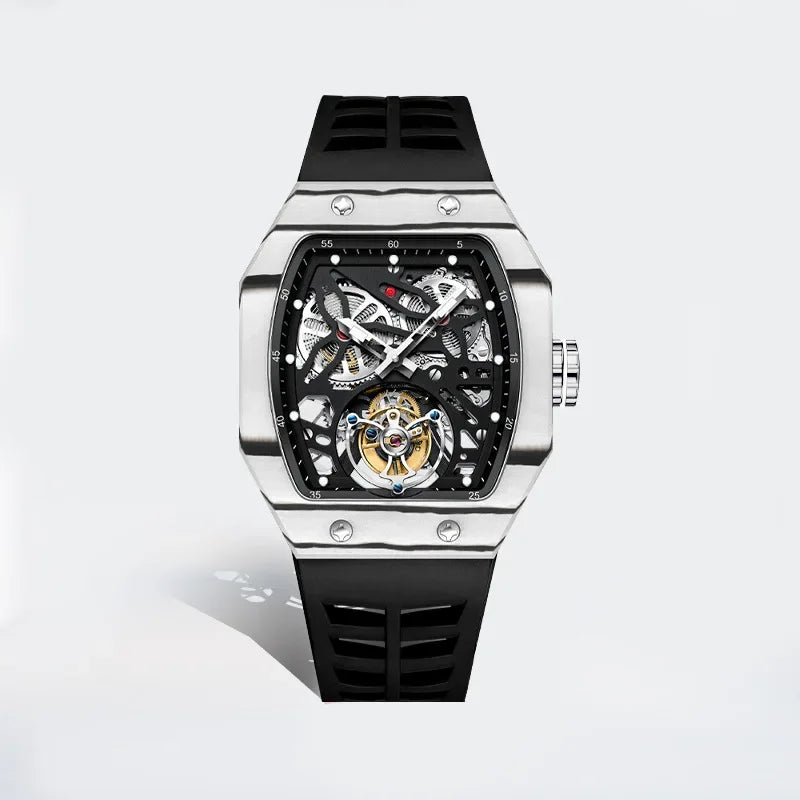 SEAKOSS Famous Style Square Flying Tourbillon Watch Carbon Fiber Bezel Mechanical Men Watch Top Quality Skeleton Male Clock Man