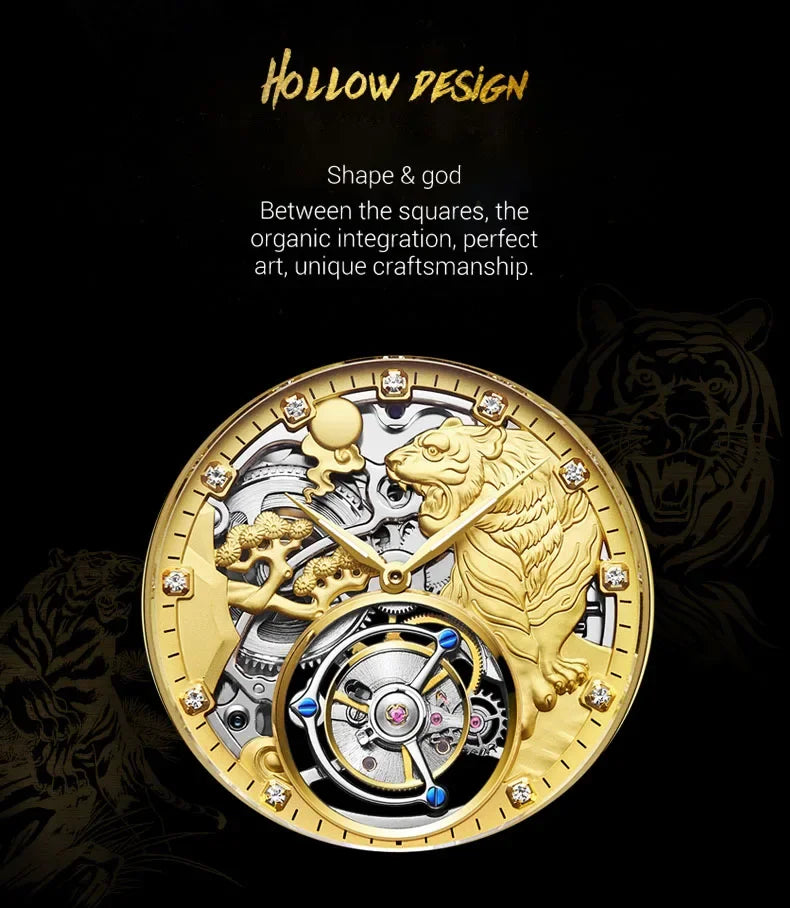 SEAKOSS Zodiac Tiger Super Skeleton Real Tourbillon Watch Men Luxury Sapphire Glass Men's Hand Wind Mechanical Watches Leather
