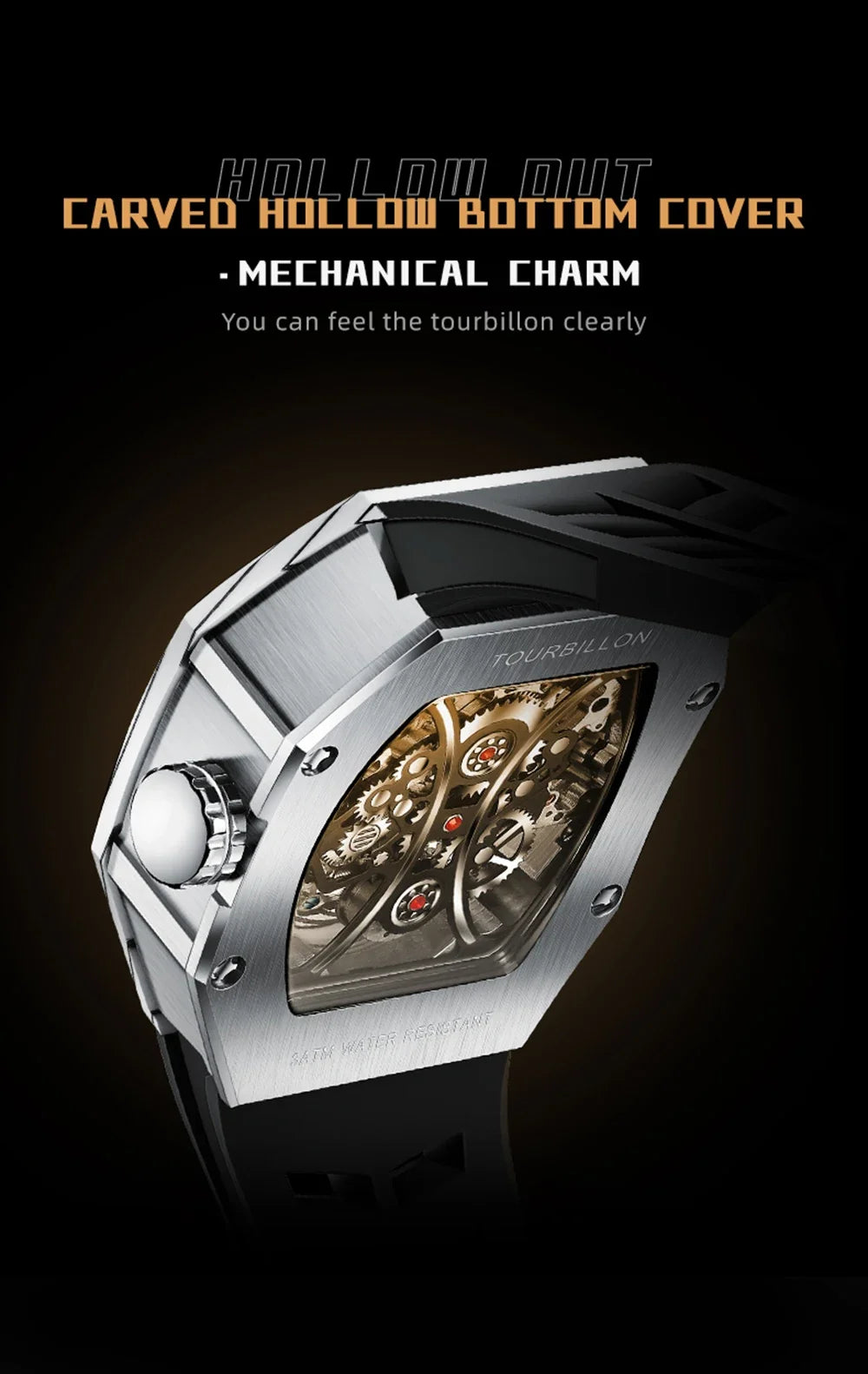 SEAKOSS Famous Style Square Flying Tourbillon Watch Carbon Fiber Bezel Mechanical Men Watch Top Quality Skeleton Male Clock Man