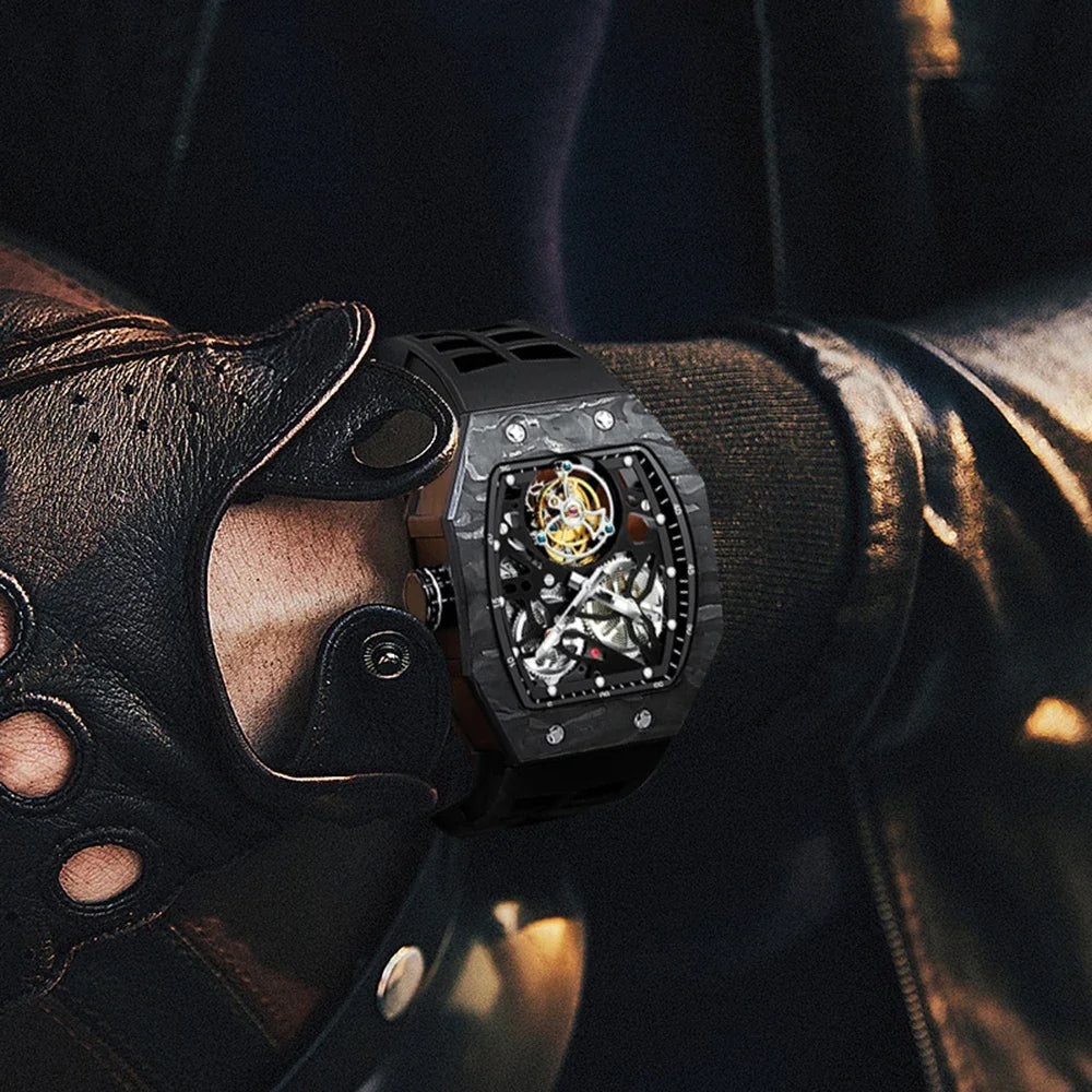 SEAKOSS Famous Style Square Flying Tourbillon Watch Carbon Fiber Bezel Mechanical Men Watch Top Quality Skeleton Male Clock Man