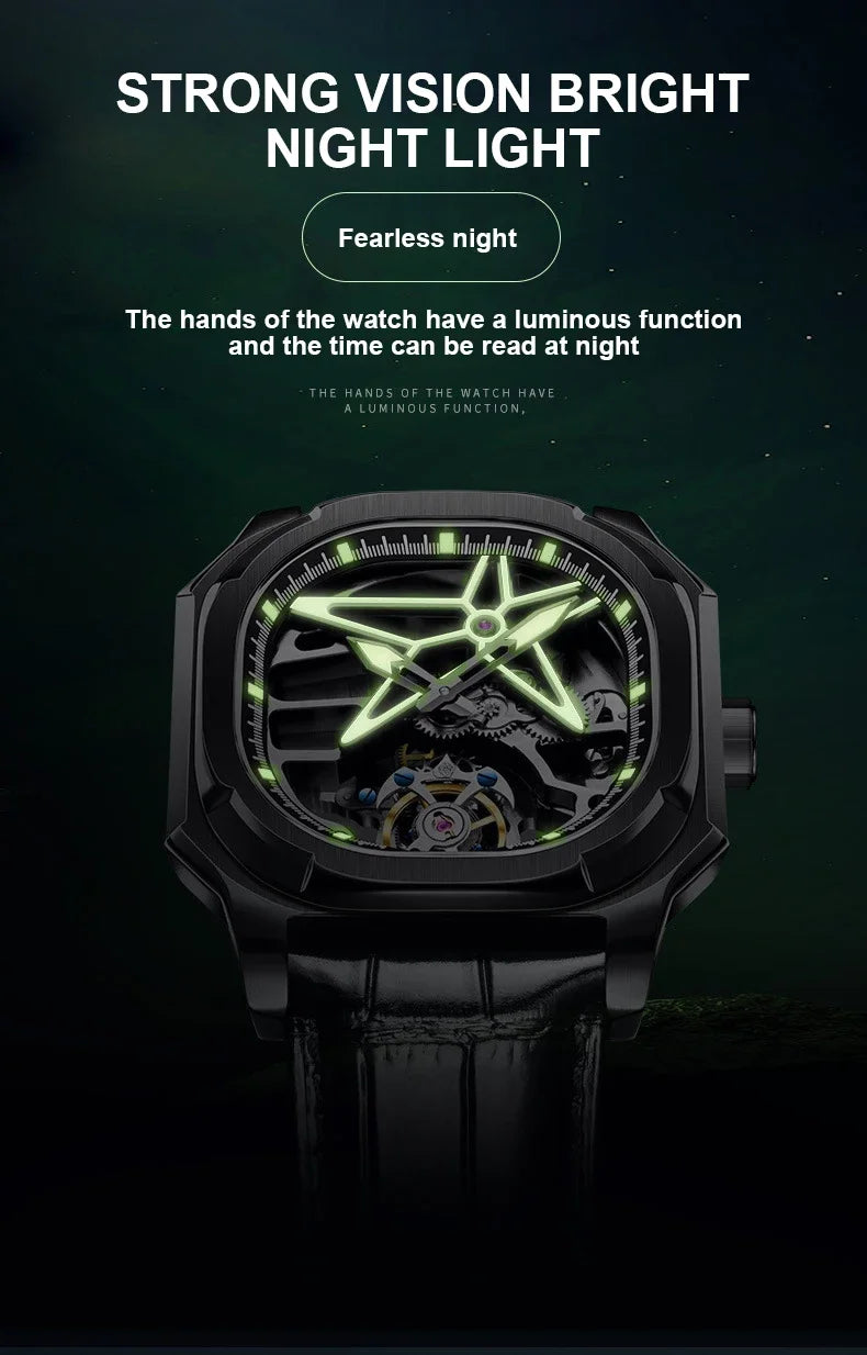 SEAKOSS Super Punk Skeleton Tourbillon Watches Men Octagon Square Manual Winding Sapphire 1963 Mechanical Watches 7052G Luminous