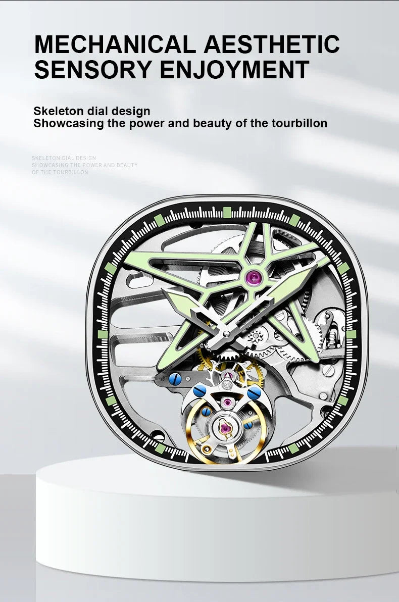 SEAKOSS Super Punk Skeleton Tourbillon Watches Men Octagon Square Manual Winding Sapphire 1963 Mechanical Watches 7052G Luminous