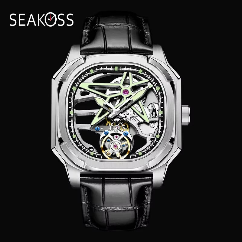 SEAKOSS Super Punk Skeleton Tourbillon Watches Men Octagon Square Manual Winding Sapphire 1963 Mechanical Watches 7052G Luminous