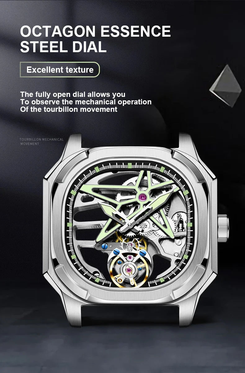 SEAKOSS Super Punk Skeleton Tourbillon Watches Men Octagon Square Manual Winding Sapphire 1963 Mechanical Watches 7052G Luminous