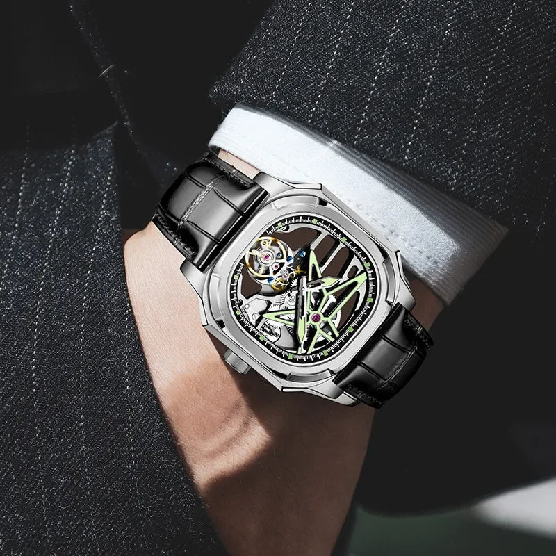 SEAKOSS Super Punk Skeleton Tourbillon Watches Men Octagon Square Manual Winding Sapphire 1963 Mechanical Watches 7052G Luminous