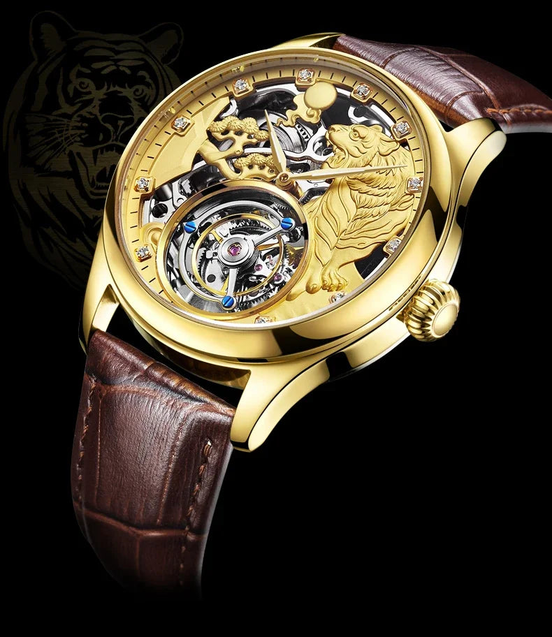 SEAKOSS Zodiac Tiger Super Skeleton Real Tourbillon Watch Men Luxury Sapphire Glass Men's Hand Wind Mechanical Watches Leather