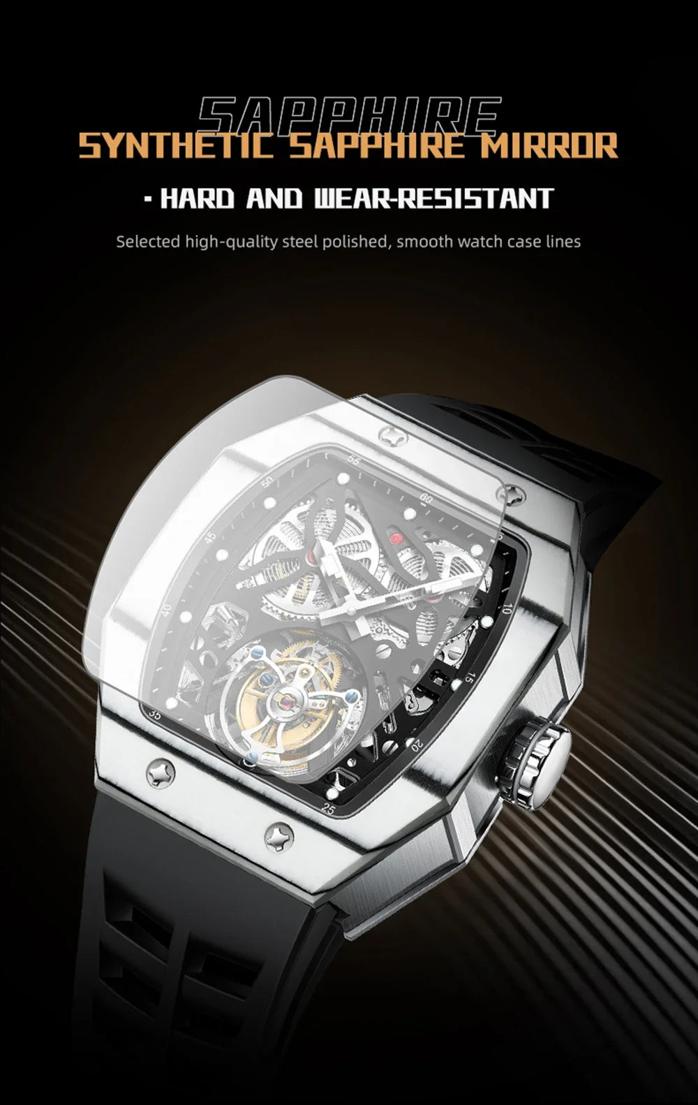 SEAKOSS Famous Style Square Flying Tourbillon Watch Carbon Fiber Bezel Mechanical Men Watch Top Quality Skeleton Male Clock Man