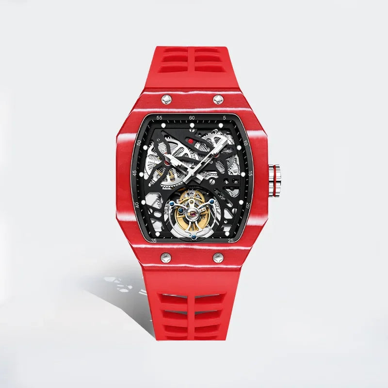 SEAKOSS Famous Style Square Flying Tourbillon Watch Carbon Fiber Bezel Mechanical Men Watch Top Quality Skeleton Male Clock Man