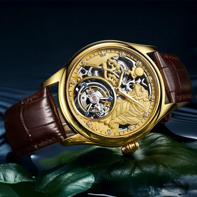 SEAKOSS Zodiac Tiger Super Skeleton Real Tourbillon Watch Men Luxury Sapphire Glass Men's Hand Wind Mechanical Watches Leather