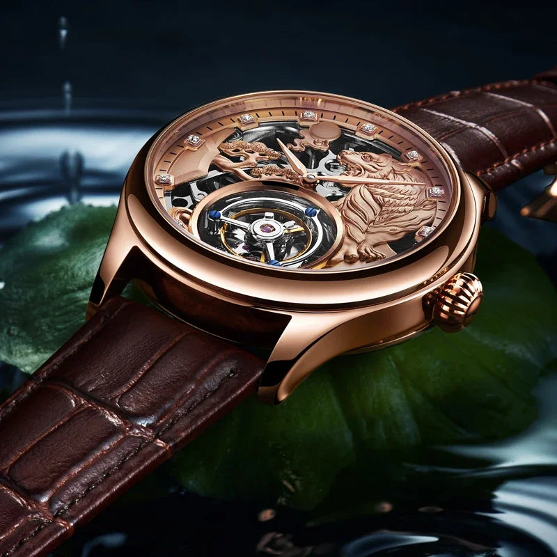 SEAKOSS Zodiac Tiger Super Skeleton Real Tourbillon Watch Men Luxury Sapphire Glass Men's Hand Wind Mechanical Watches Leather