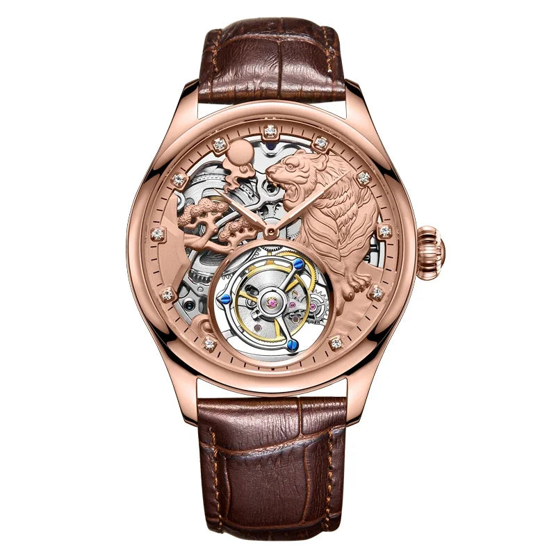 SEAKOSS Zodiac Tiger Super Skeleton Real Tourbillon Watch Men Luxury Sapphire Glass Men's Hand Wind Mechanical Watches Leather