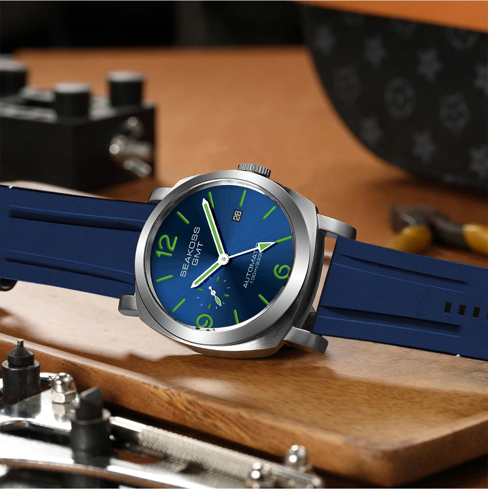 SEAKOSS 100m Diving Men GMT Automatic Mechanical Watches 1963 Clock Original Dual Time Zone Super Luminous Sapphire Wristwatches