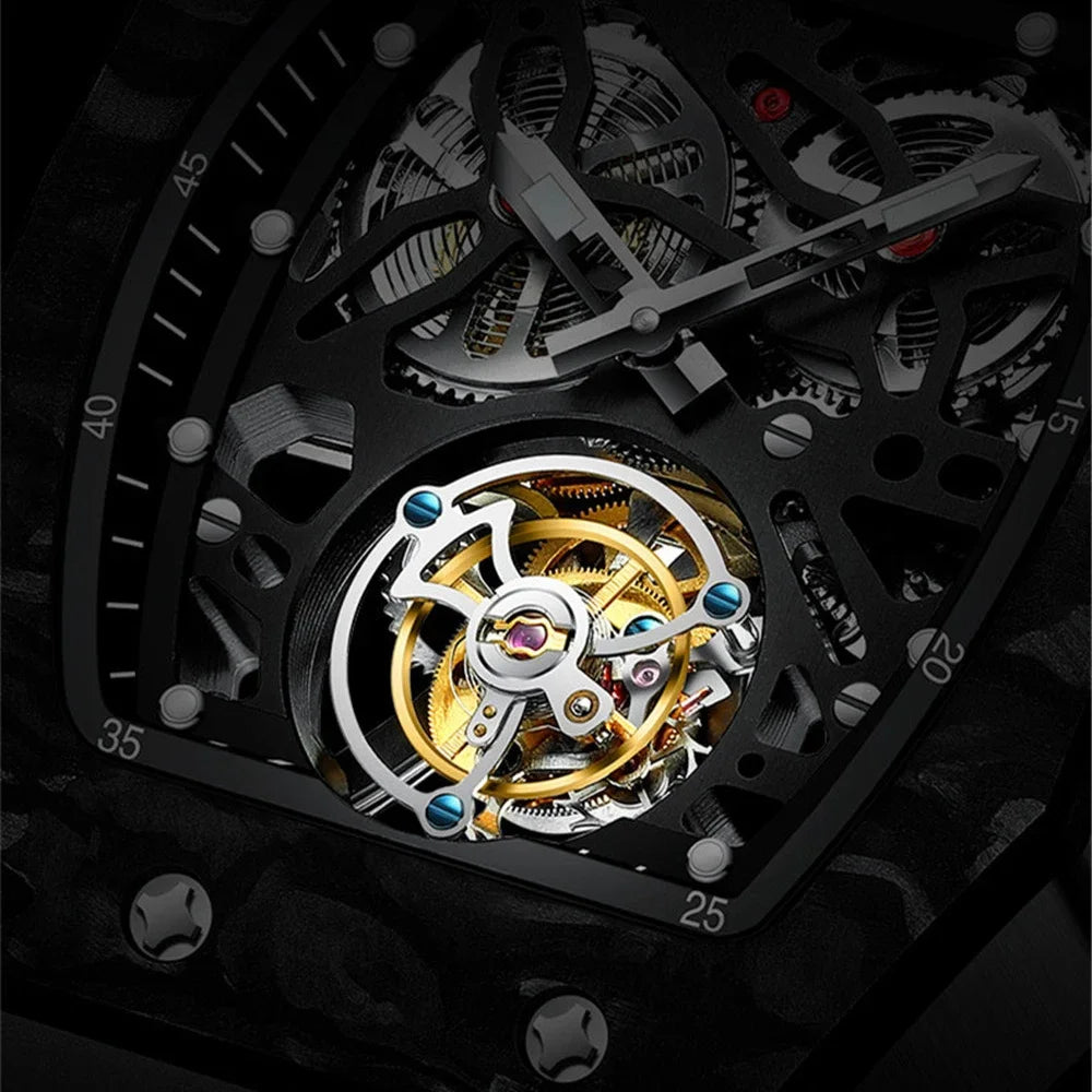 SEAKOSS Famous Style Square Flying Tourbillon Watch Carbon Fiber Bezel Mechanical Men Watch Top Quality Skeleton Male Clock Man