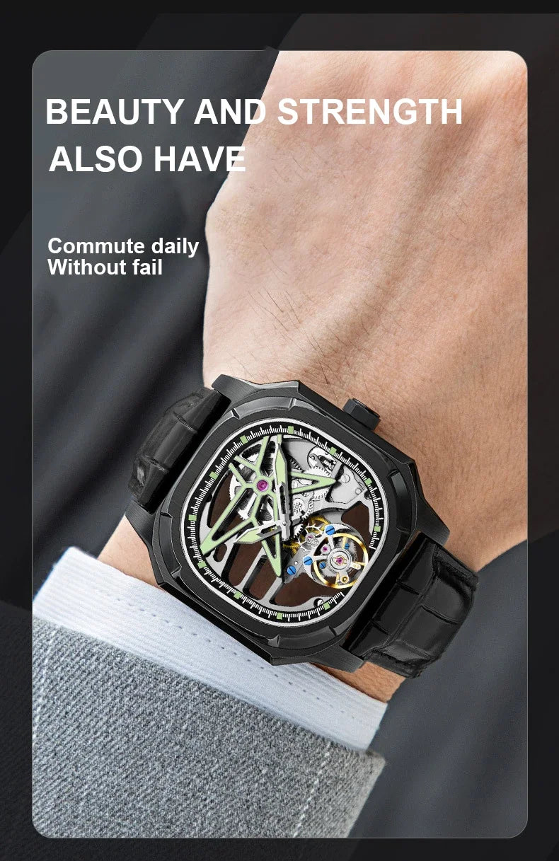 SEAKOSS Super Punk Skeleton Tourbillon Watches Men Octagon Square Manual Winding Sapphire 1963 Mechanical Watches 7052G Luminous